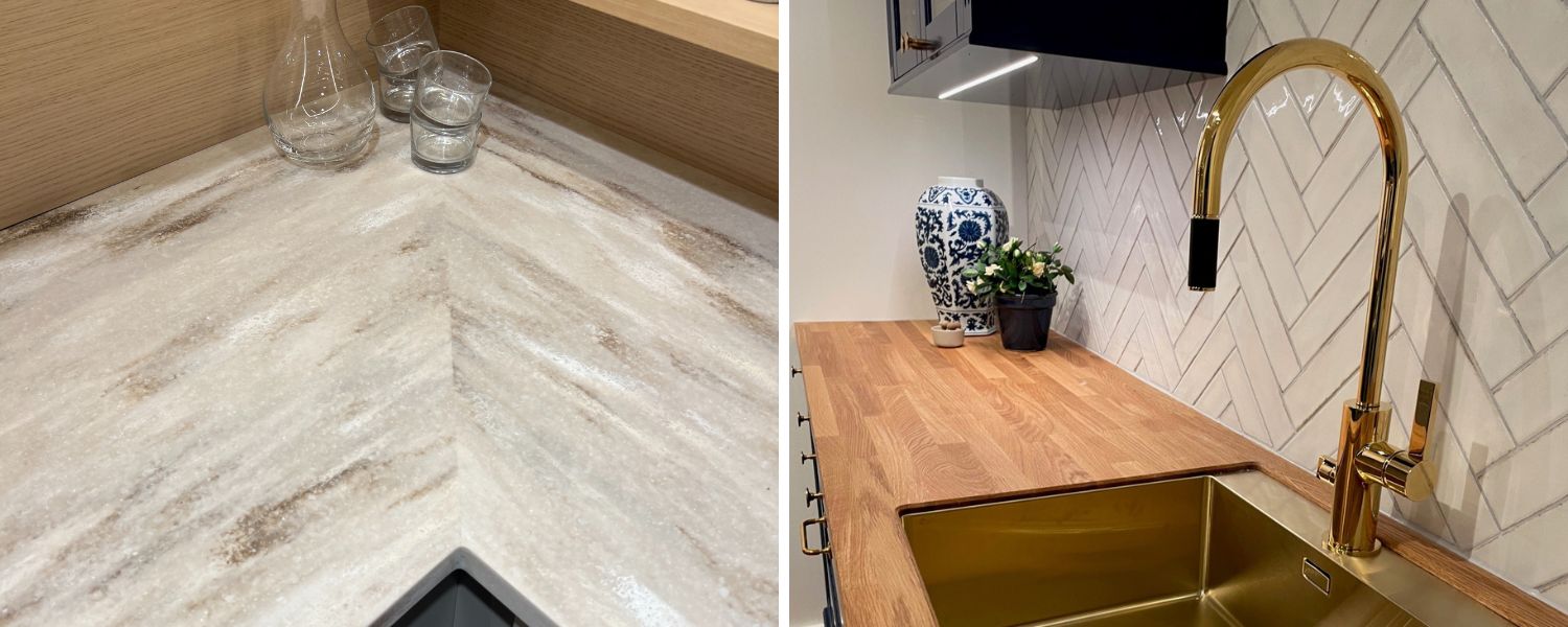 Corian skarvlös bänkskiva och en bänkskiva i massivt trä. för och nackdelar